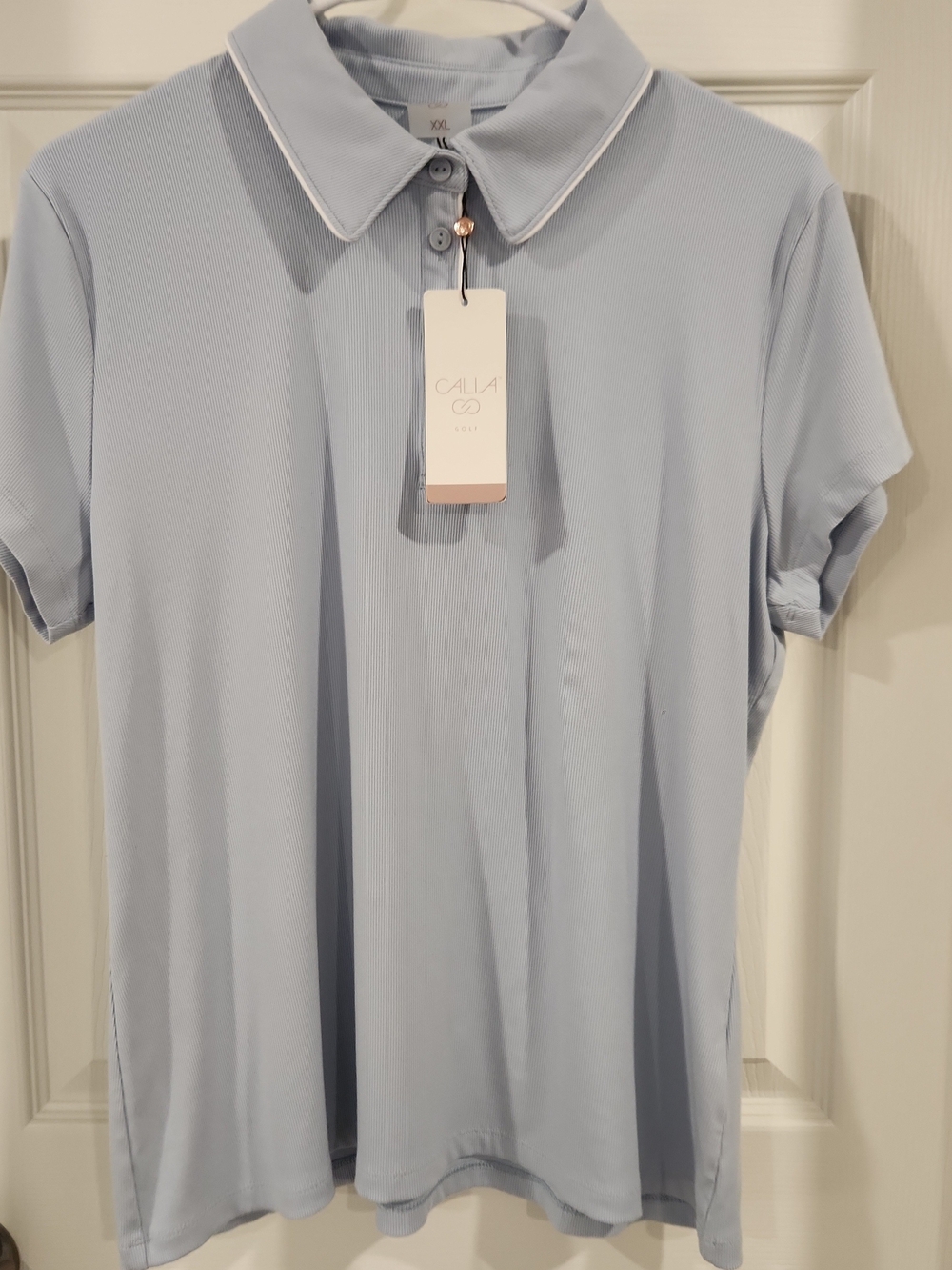 NWT Calia Women's 2XL Light Blue Rib Shirt Short Sleeve Polo MSRP $58